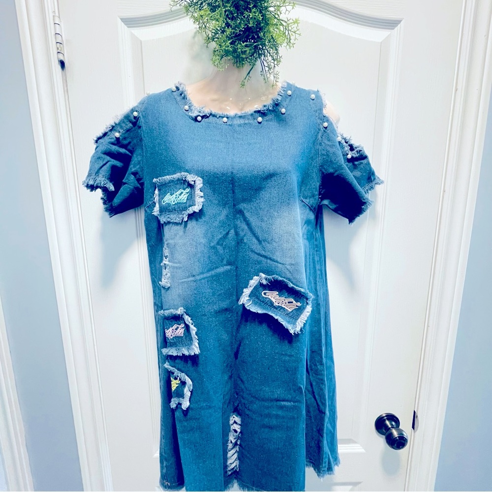 🌸3 for $30 Denim Mini Dress Size M details pearls embroidery distressed jeans